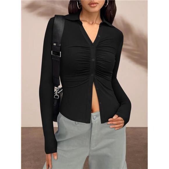Womens Button Down Shirts V Neck Slim Fit Black - Picture 2 of 5